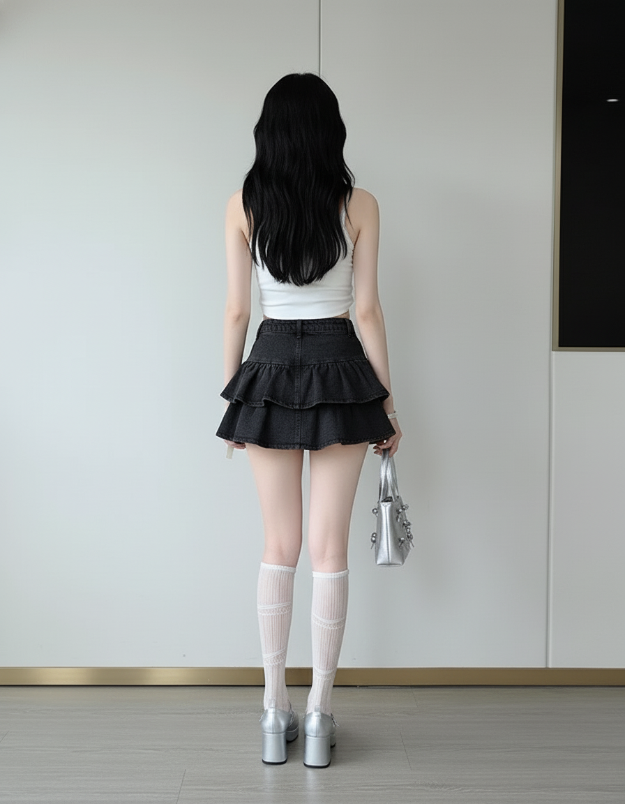 Jupe Jean Noire À Volants Kawaii