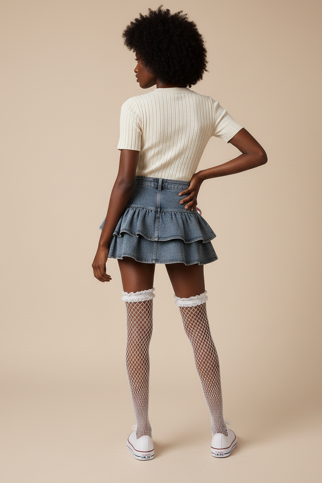 Jupe Jean Mini Volants Décontractée Aérienne