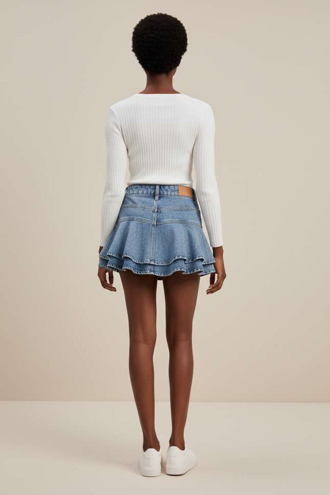 Jupe Jean Taille Haute À Volants Chic