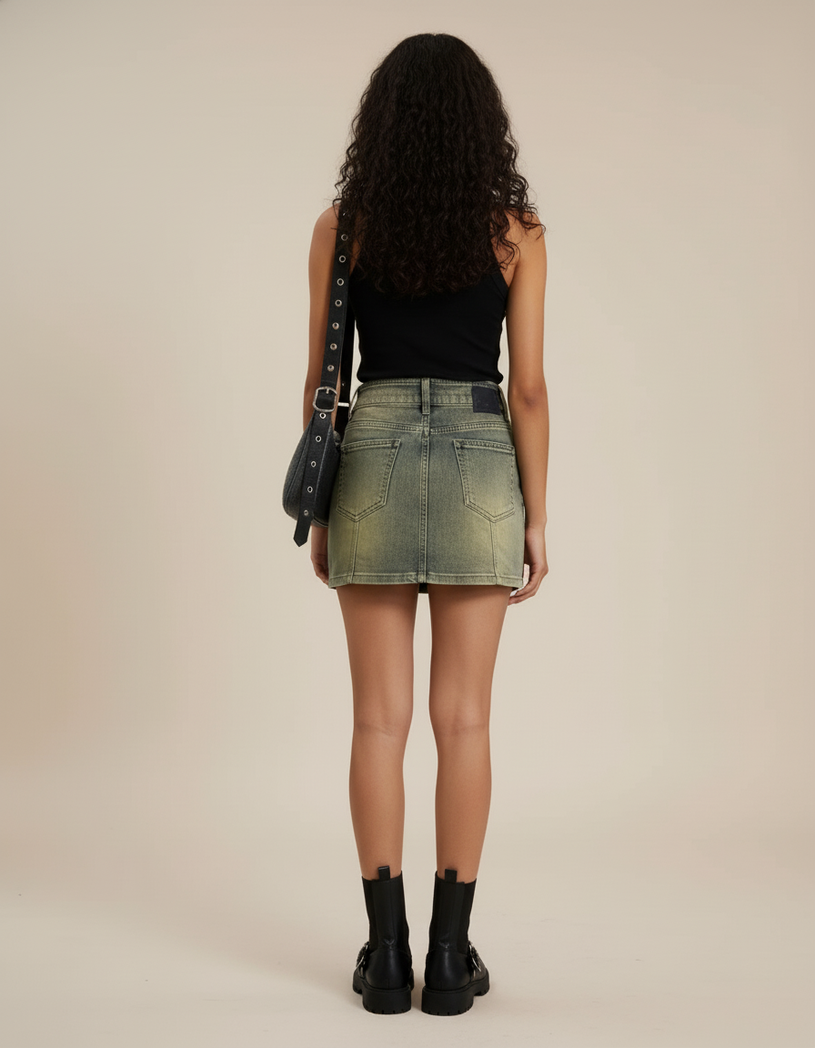 Jupe Jean Délavée Taille Haute Décontractée
