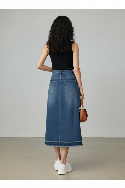 Jupe Jean Midi Frangée Décontractée