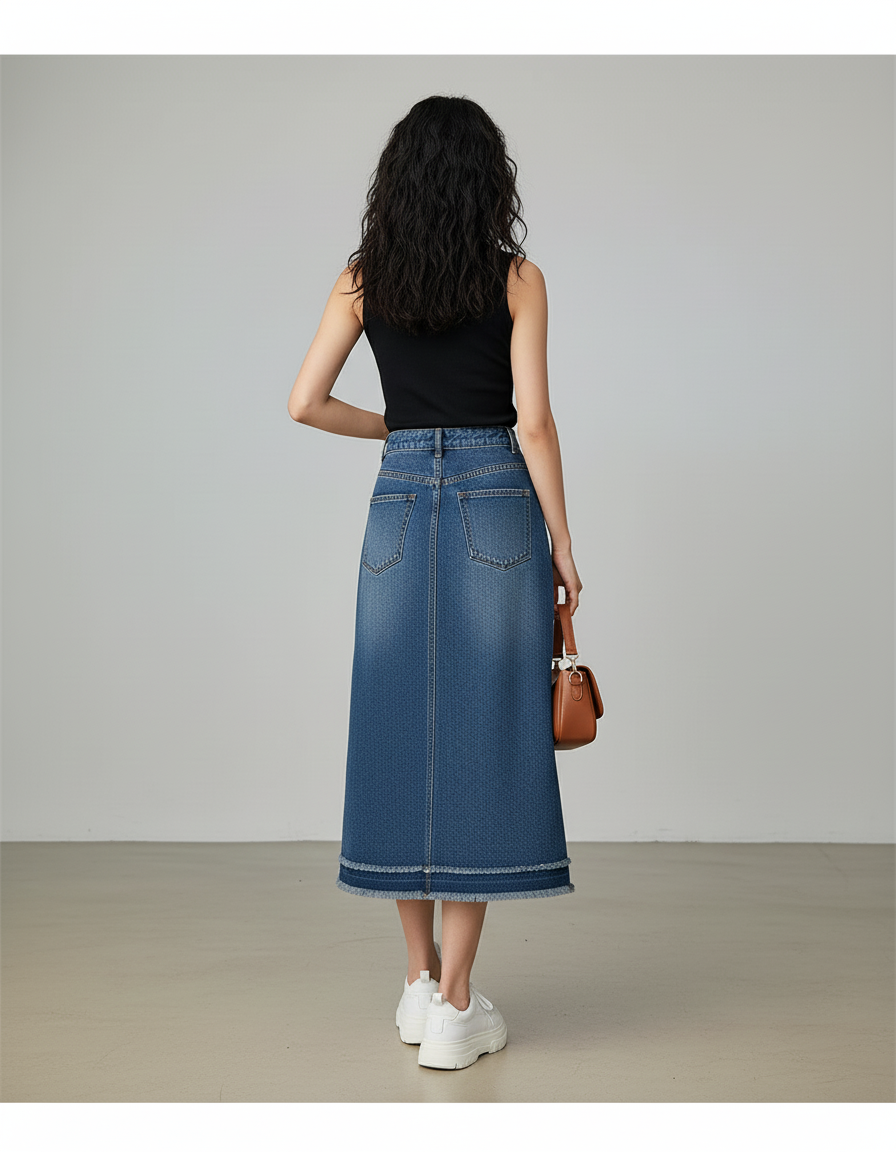 Jupe Jean Midi Frangée Décontractée