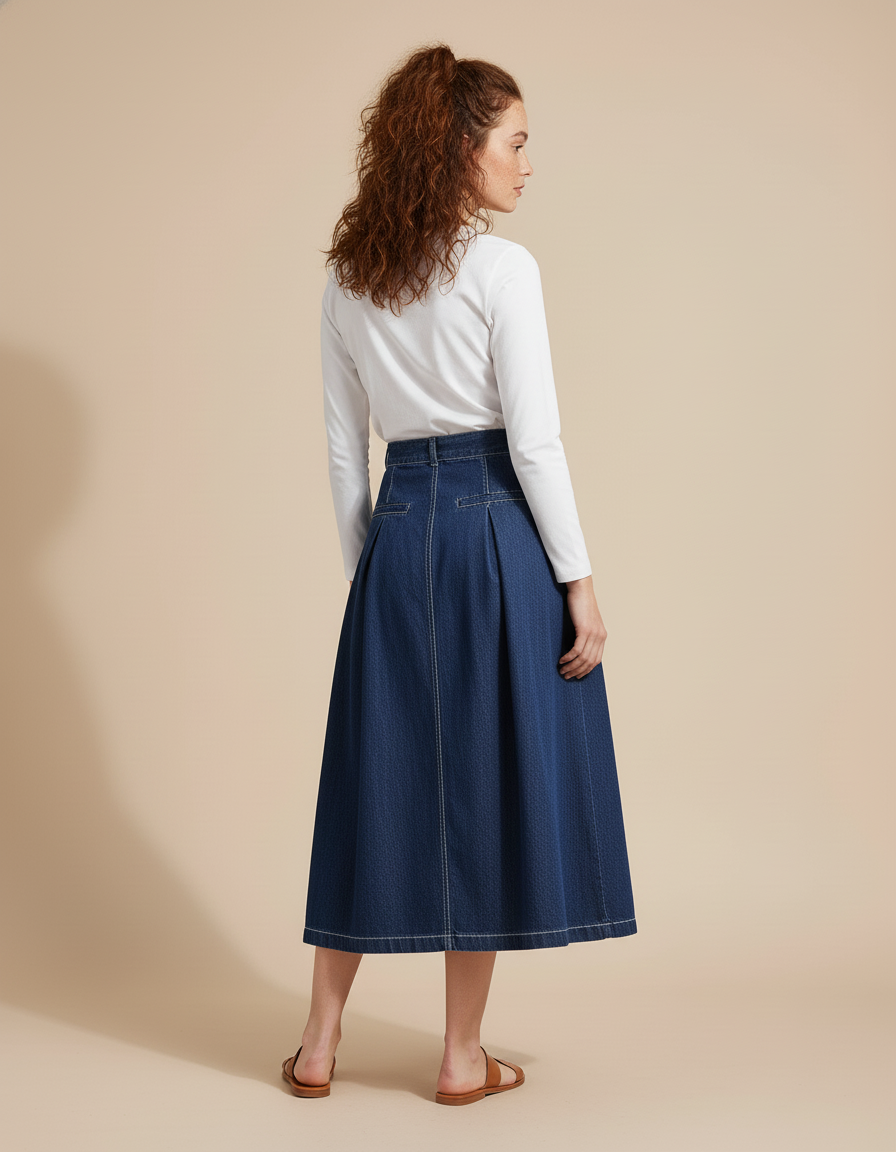 Jupe Jean Plissée Taille Haute Décontractée