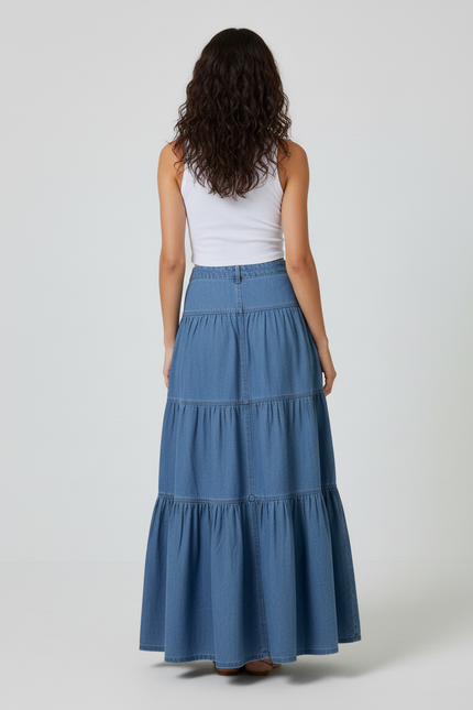 Jupe Jean Longue Étagée Fluide