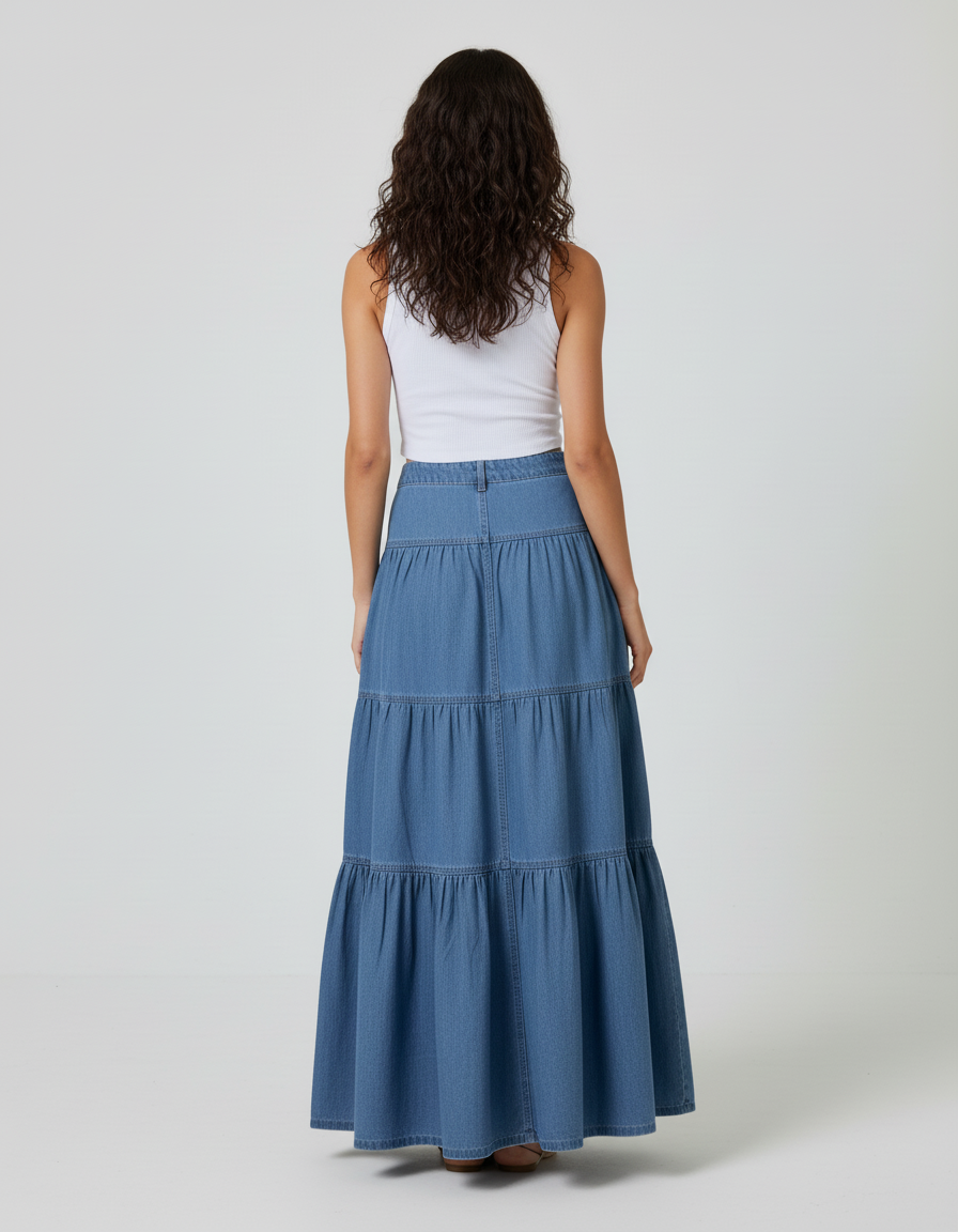 Jupe Jean Longue Étagée Fluide