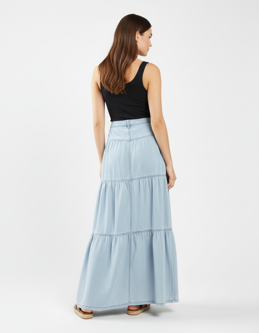 Jupe Jean Bleu Clair À Volants Fluide