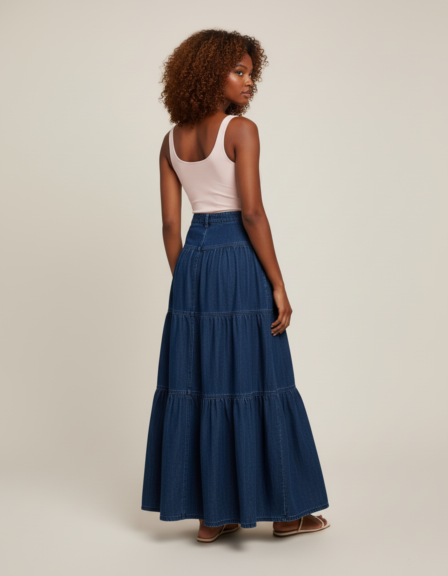 Jupe Jean Longue À Volants Fluide