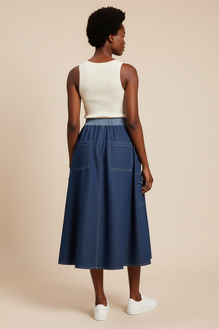 Jupe Jean Coupe Évasée Poches Cargo Fluide