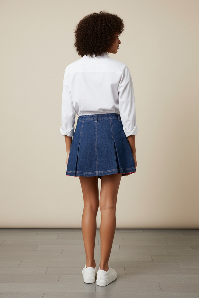 Jupe Jean Plissée Brodée Décontractée