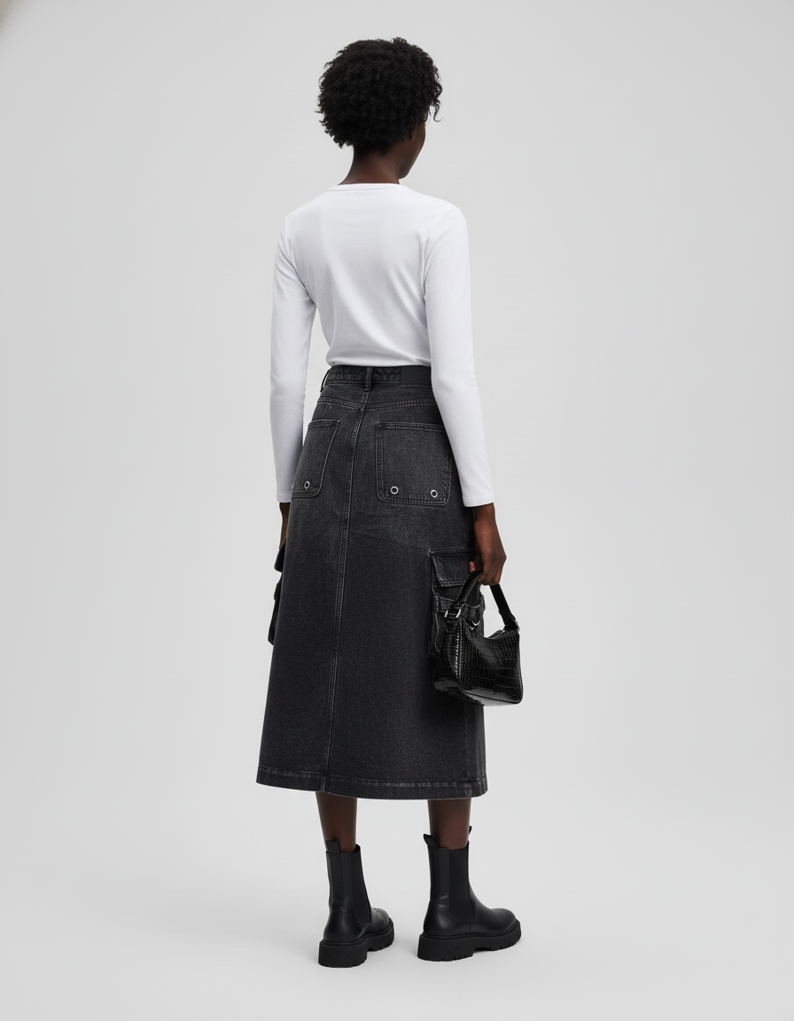 Jupe Jean Gris Délavé Cargo Décontractée