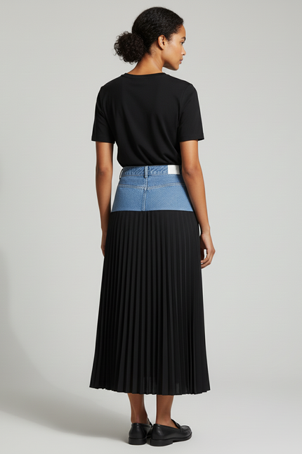 Jupe Jean Patchwork Plissée Longue