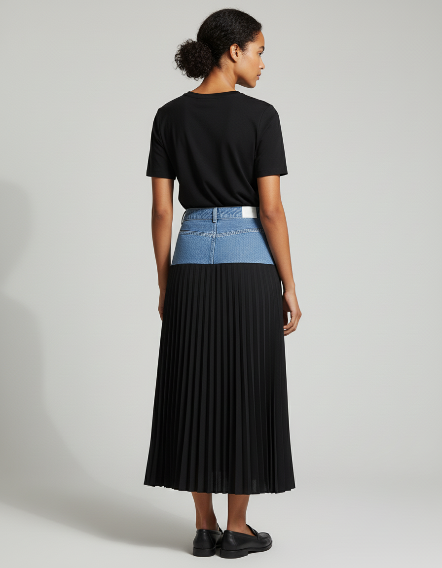 Jupe Jean Patchwork Plissée Longue