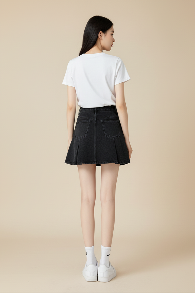 Jupe Jean Noire Plissée Décontractée Casual