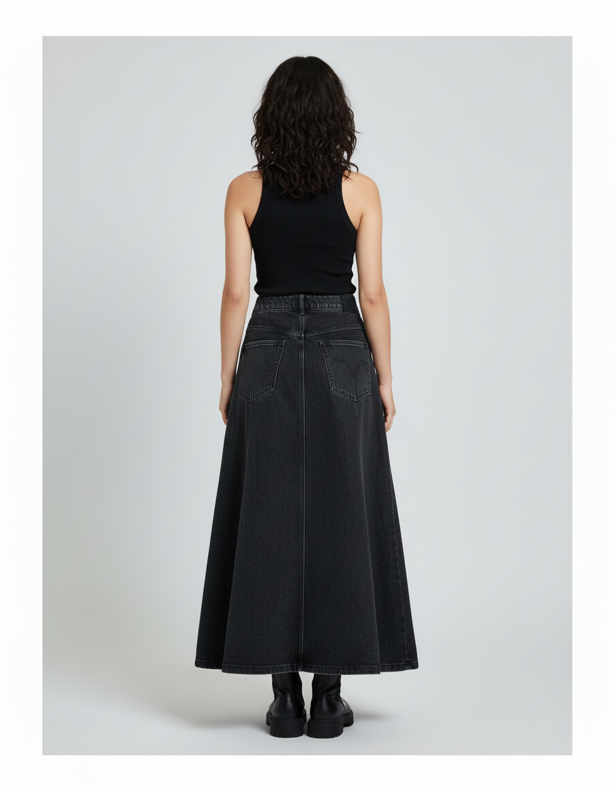 Jupe Jean Longue Noire Délavée Fluide