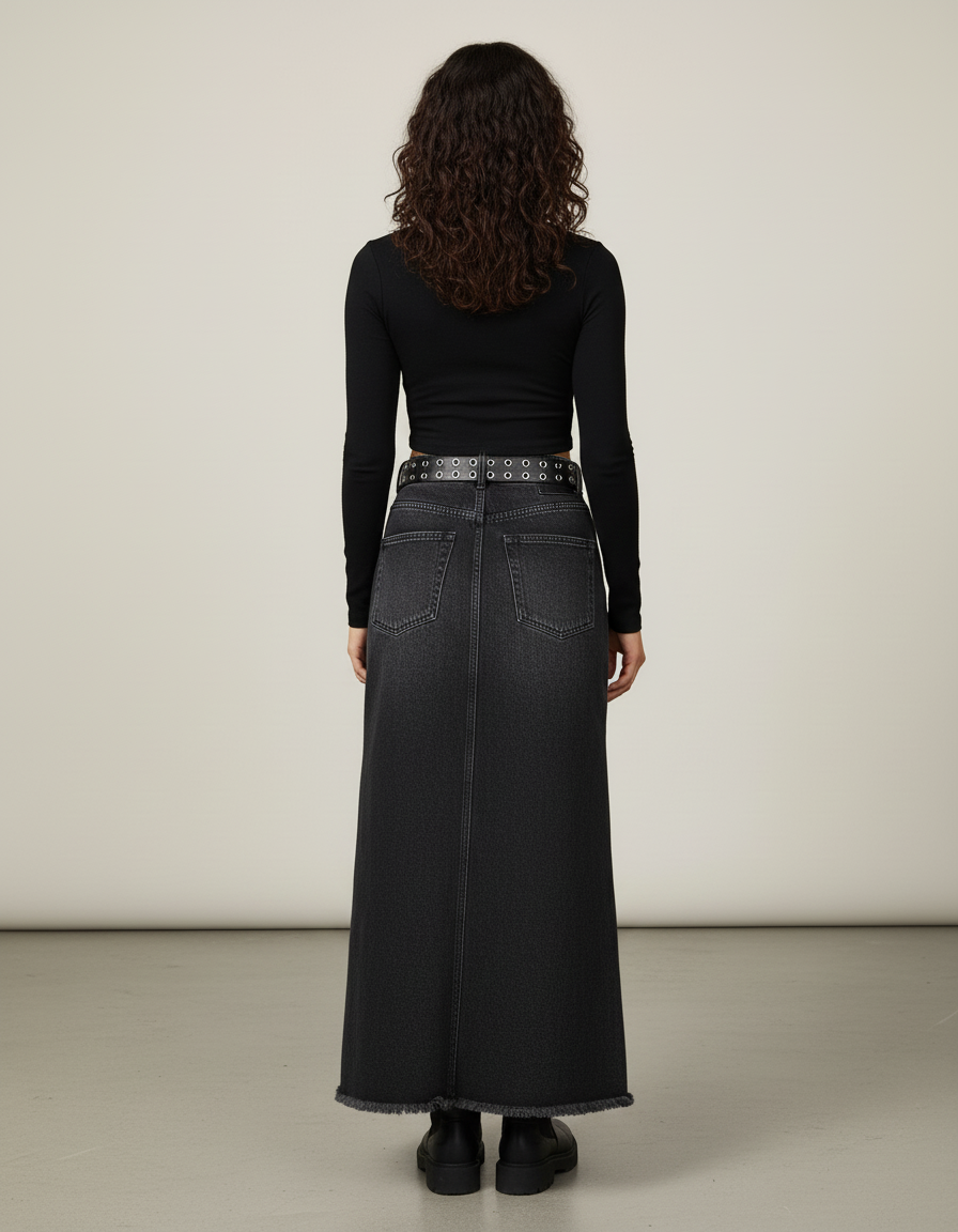 Jupe Jean Noire Délavée Longue Chic