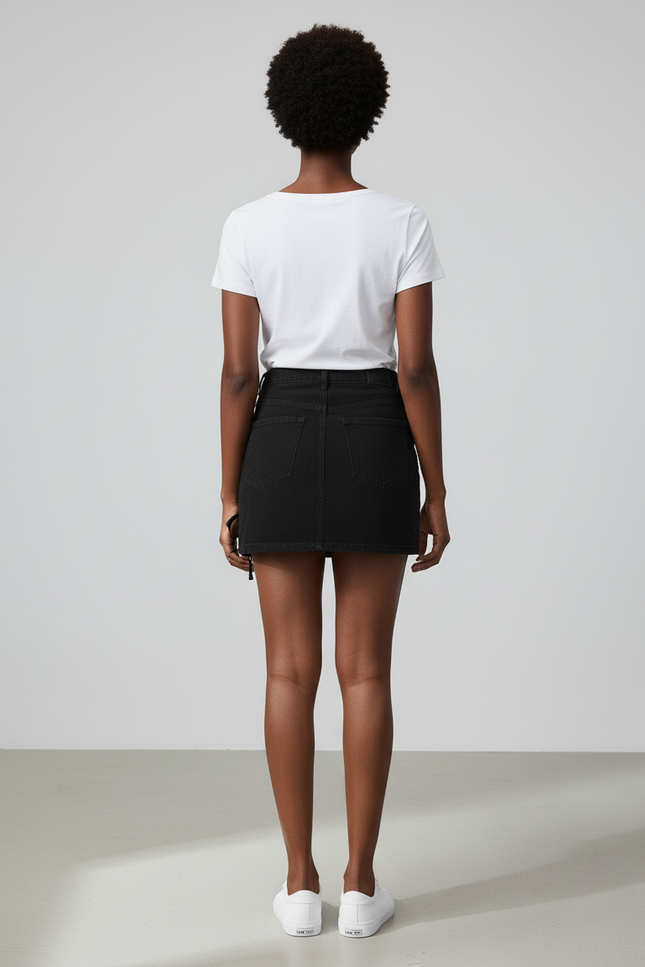 Jupe Jean Noire À Cordon Décontractée