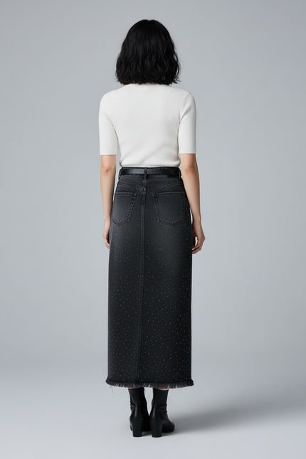 Jupe Jean Noir Délavé Strass Chic