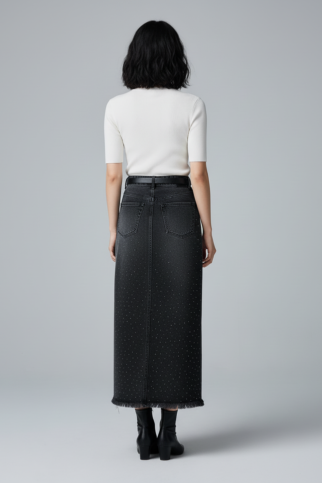 Jupe Jean Noir Délavé Strass Chic
