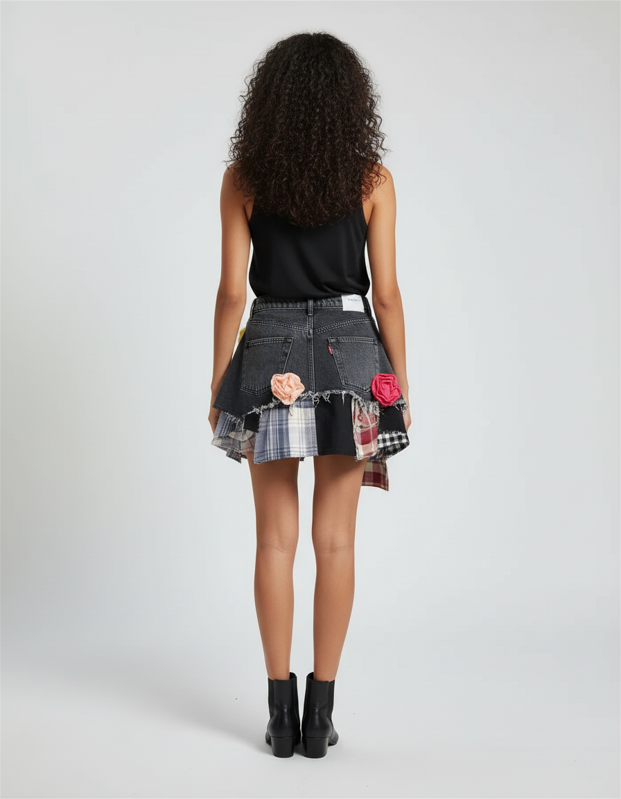 Jupe Jean Patchwork Fleurs Décontractée