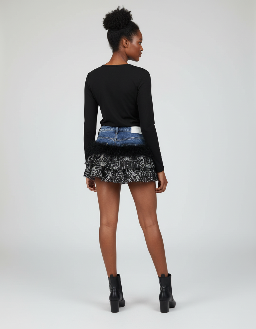 Jupe Jean Toile D'Araignée Fausse Fourrure Gothic