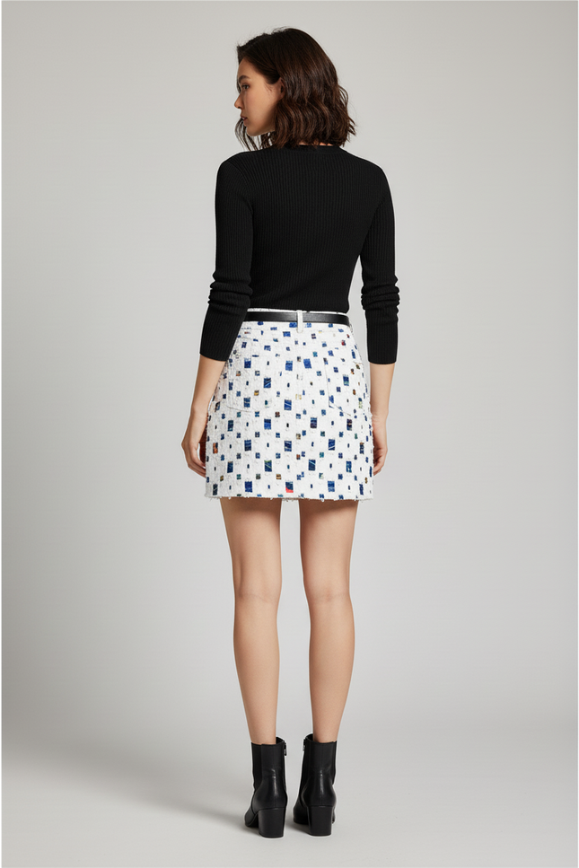 Jupe Jean Blanc Motif Coloré Chic