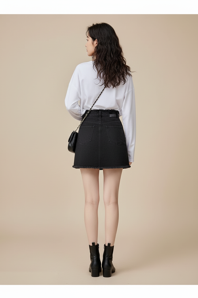 Jupe Jean Noire Effilochée Décontractée