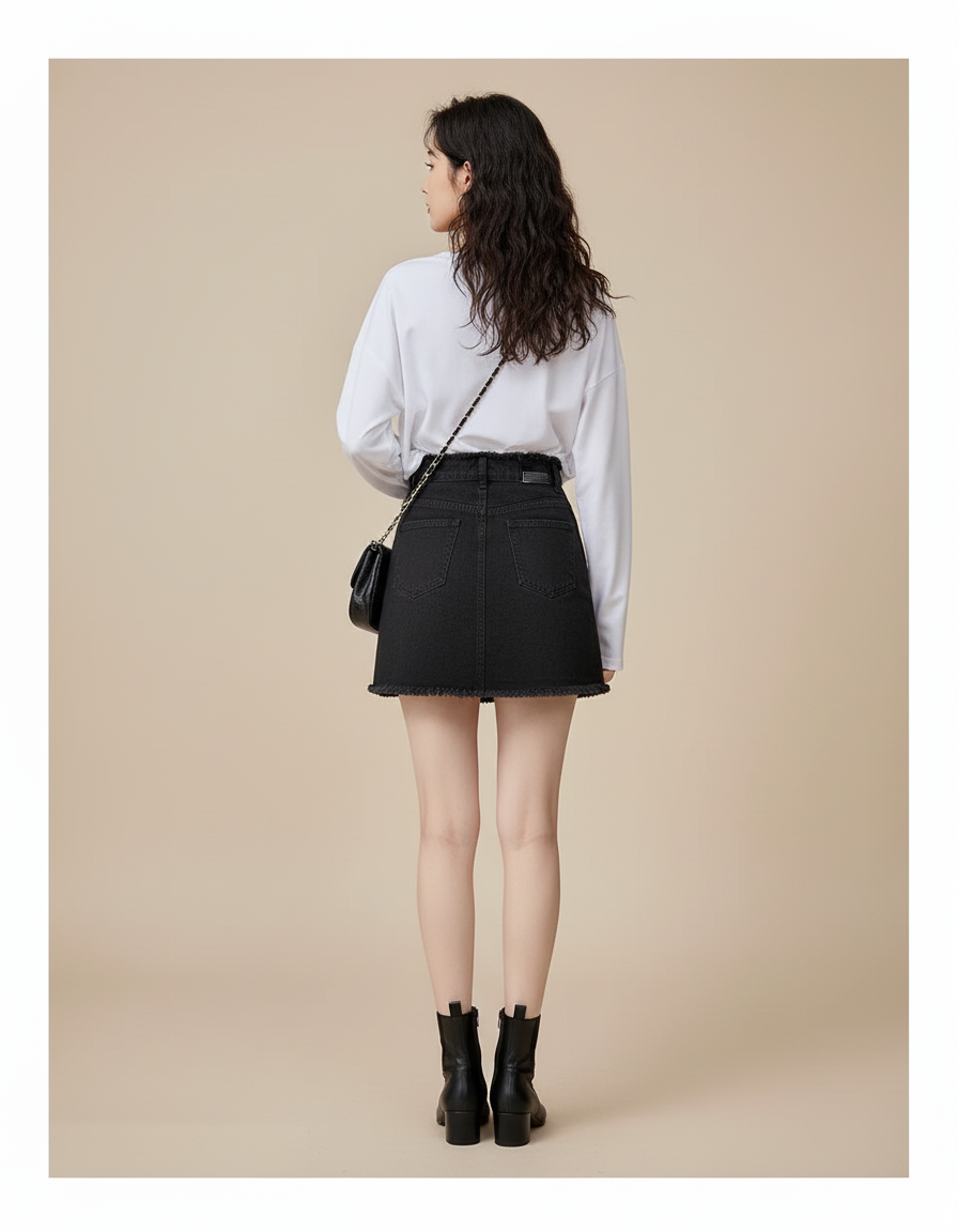 Jupe Jean Noire Effilochée Décontractée