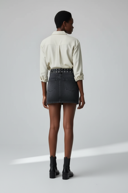 Jupe Jean Gris Délavé Ceinturée Chic