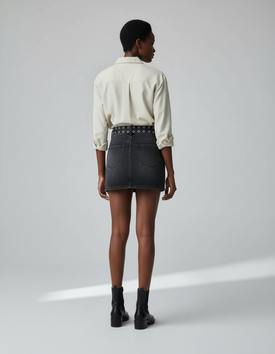 Jupe Jean Gris Délavé Ceinturée Chic