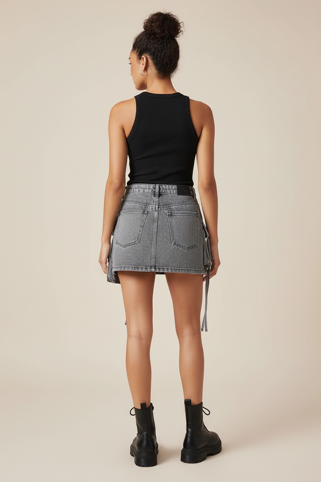 Jupe Jean Gris Délavé Poches Cargo Décontractée