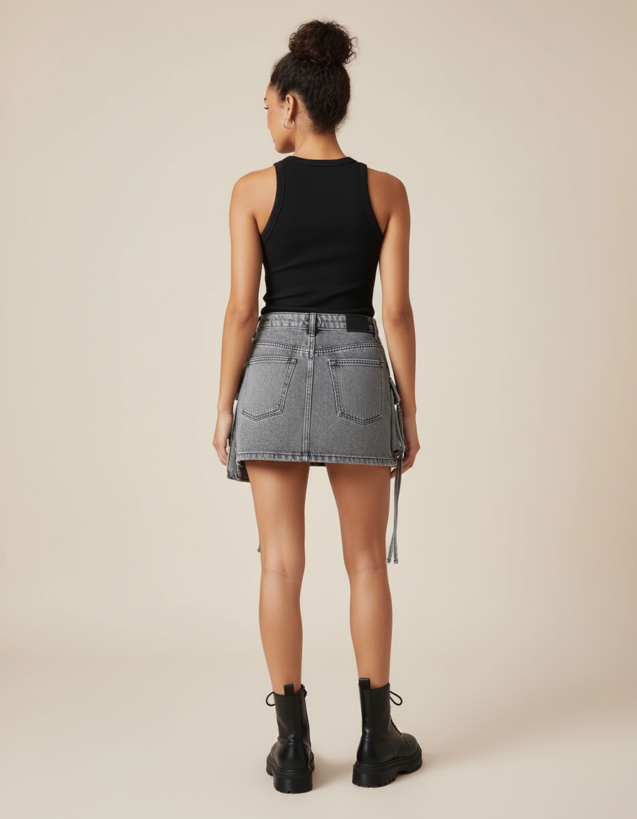 Jupe Jean Gris Délavé Poches Cargo Décontractée