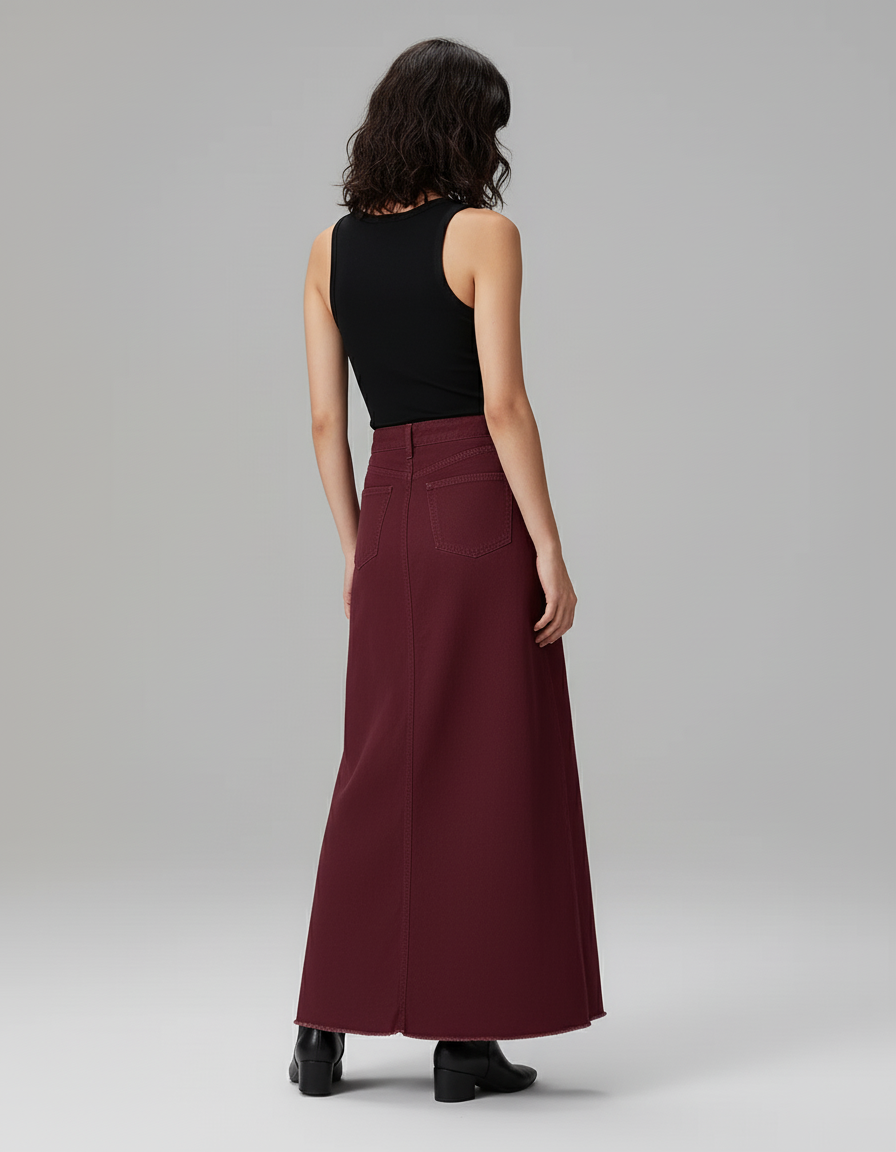 Jupe Jean Longue A-Line Bordeaux Chic