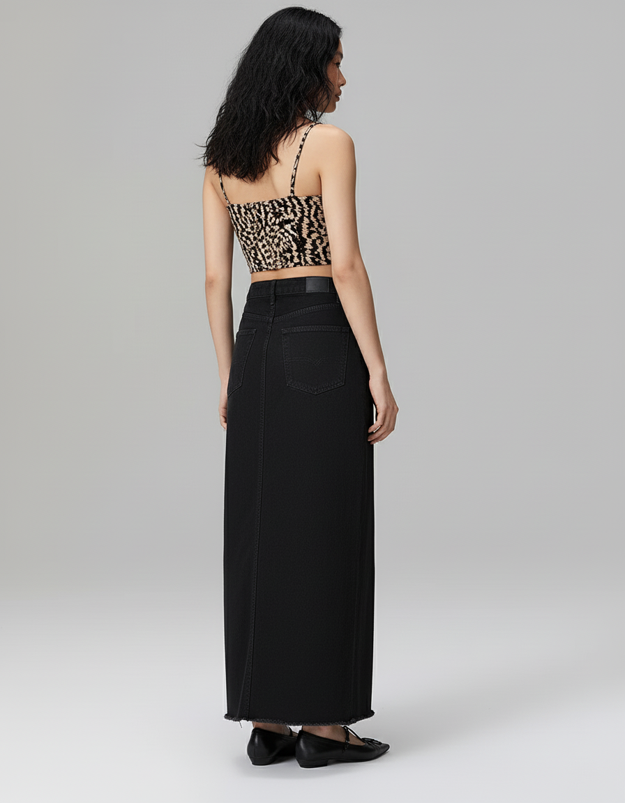 Jupe Jean Noire Longue A-Line Chic