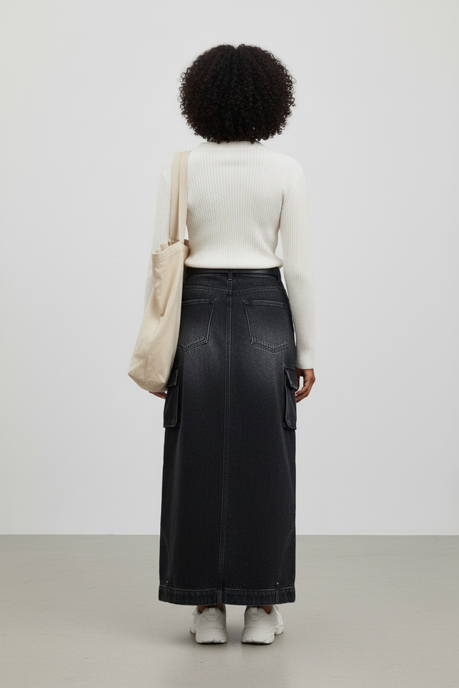 Jupe Jean Gris Délavé Cargo Décontractée