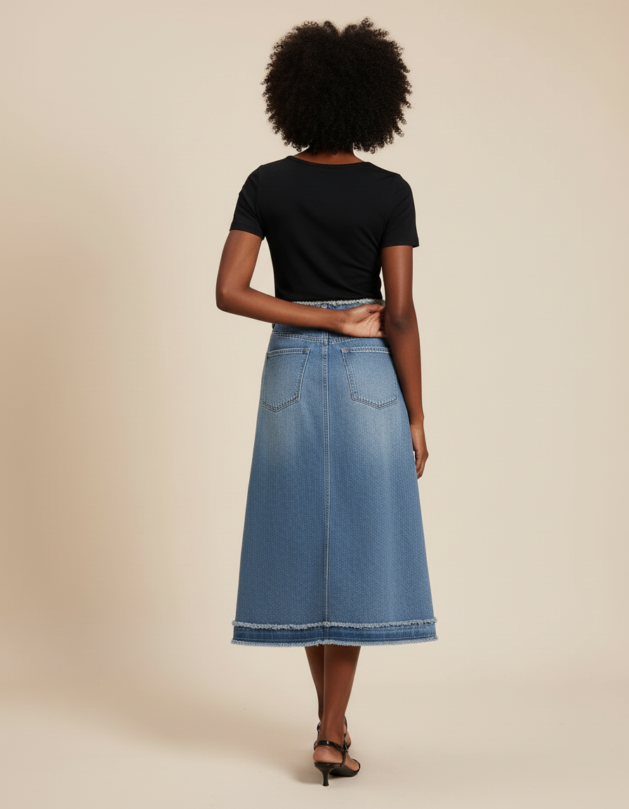 Jupe Jean Midi Frangée Tendance