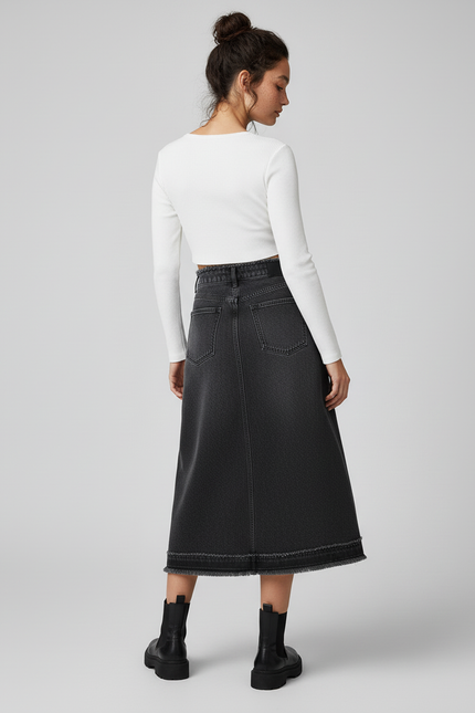 Jupe Jean Gris Anthracite Frangée Chic