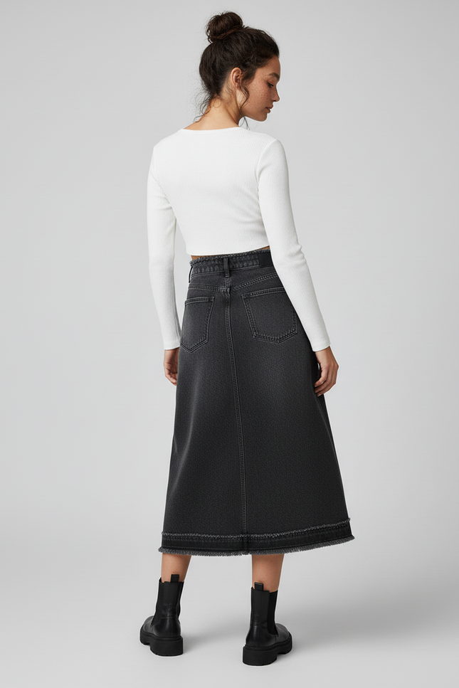 Jupe Jean Gris Anthracite Frangée Chic