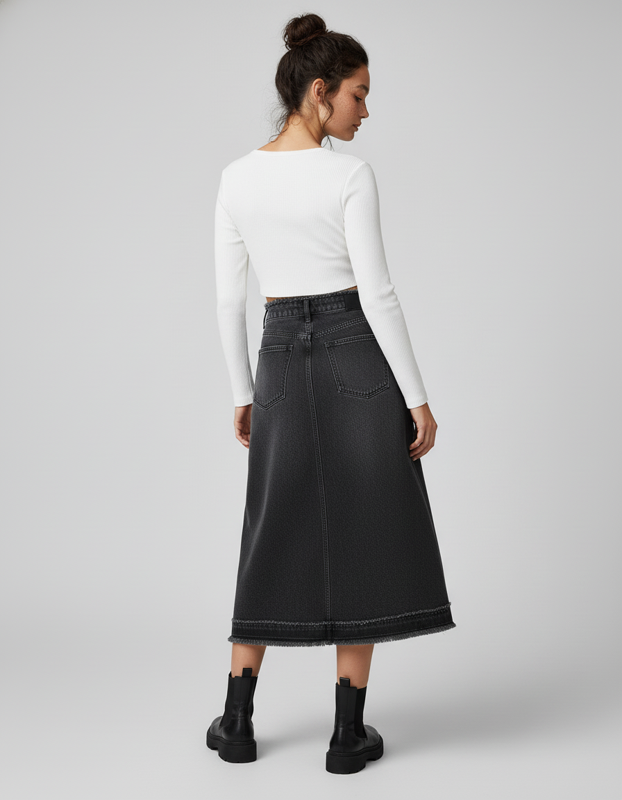 Jupe Jean Gris Anthracite Frangée Chic