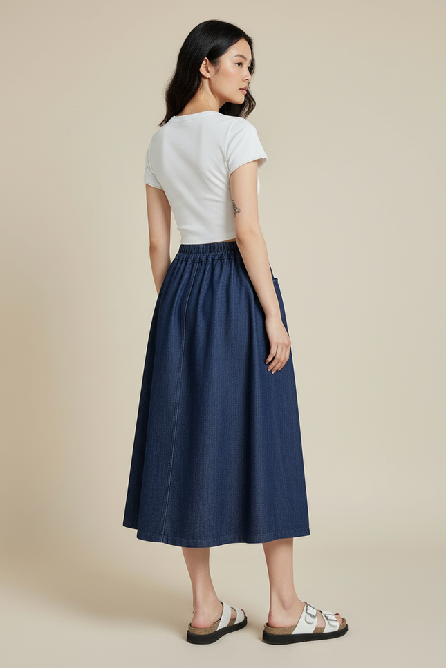 Jupe Jean Midi Taille Élastique Décontractée