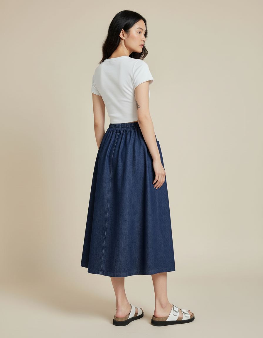 Jupe Jean Midi Taille Élastique Décontractée