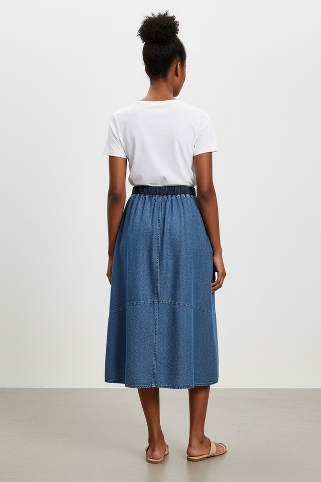 Jupe Jean Midi Taille Élastique Décontractée Stretch