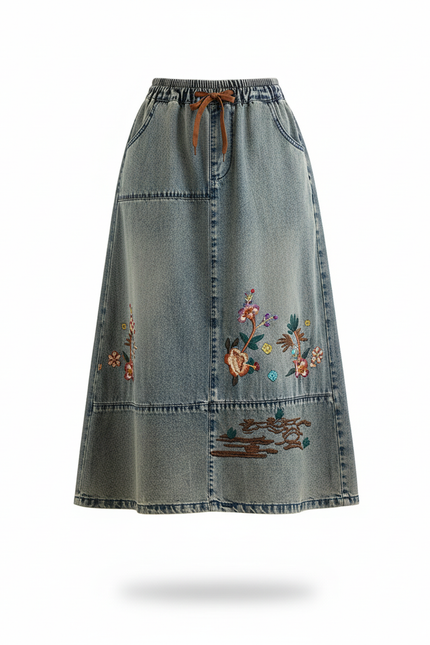Jupe Jean Brodée Midi Bohème