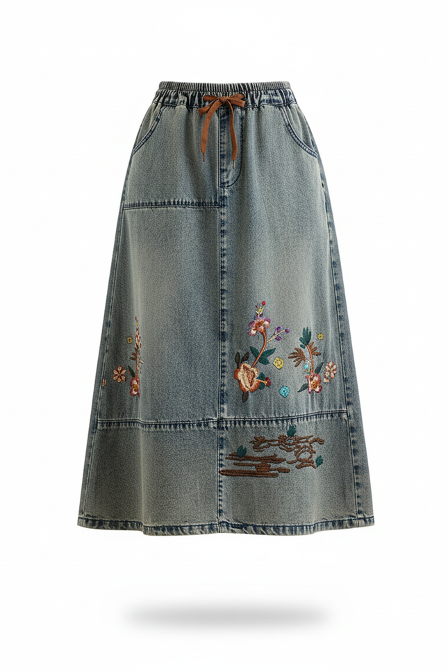 Jupe Jean Brodée Midi Bohème