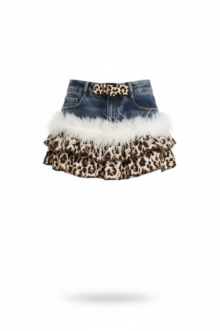Jupe Jean Patchwork Léopard Plumes Rétro