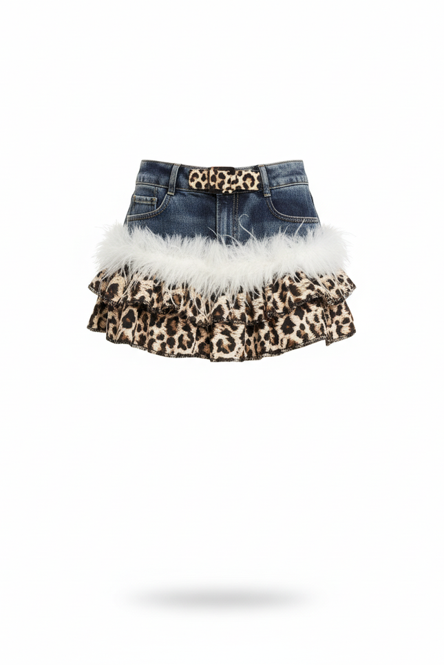 Jupe Jean Patchwork Léopard Plumes Rétro