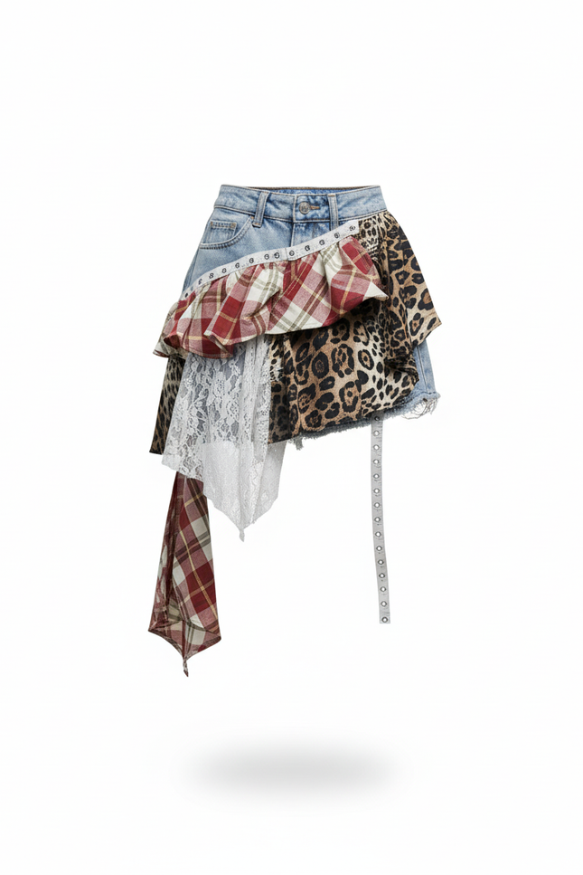 Jupe Jean Patchwork Léopard Chic