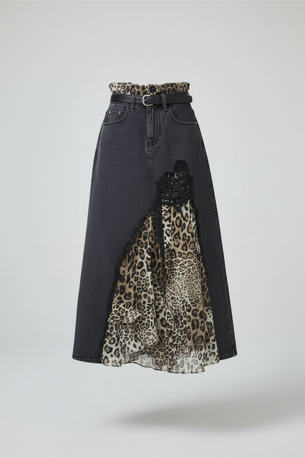 Jupe Jean Grise Patchwork Léopard Élégante