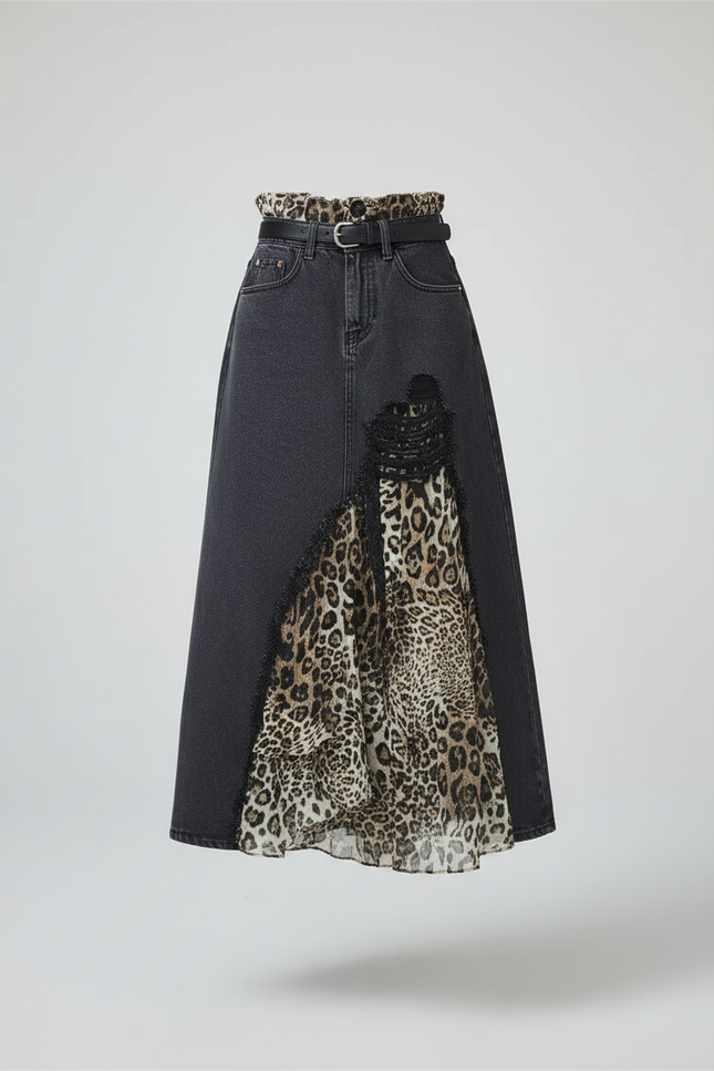 Jupe Jean Grise Patchwork Léopard Élégante