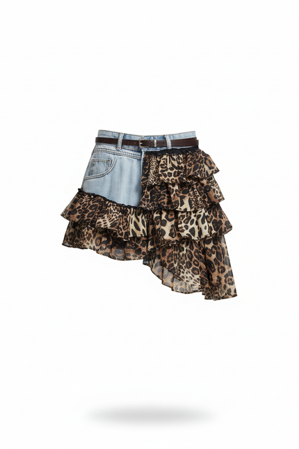 Jupe Jean Patchwork Léopard Fluide