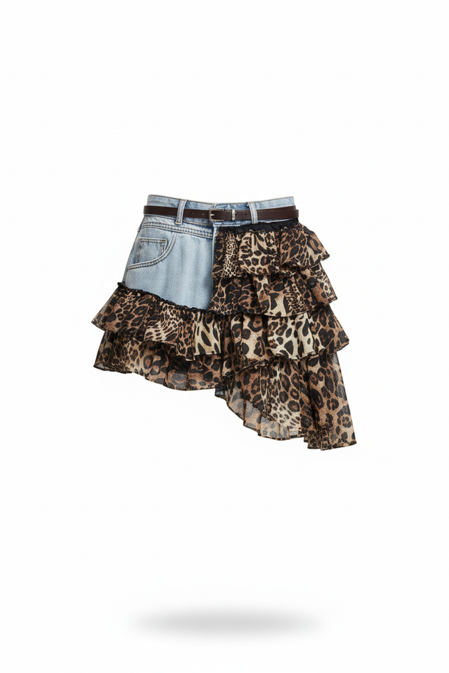 Jupe Jean Patchwork Léopard Fluide
